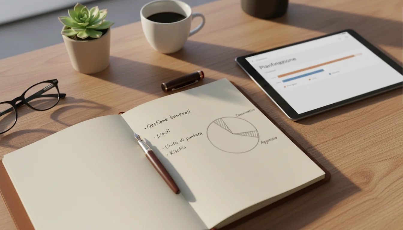 Gestione bankroll scommesse: blocco note con piano di betting e percentuali