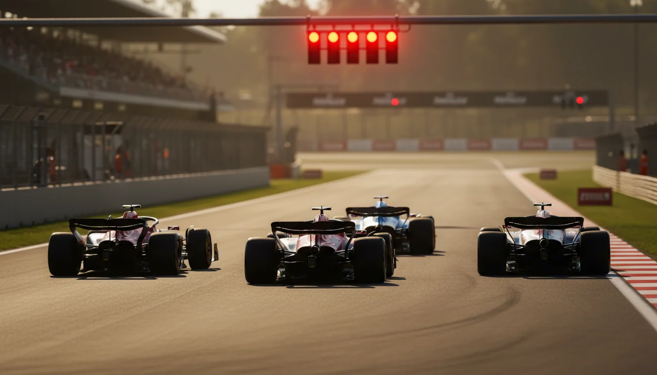 Scommesse Formula 1: monoposto in gara su circuito con semaforo di partenza