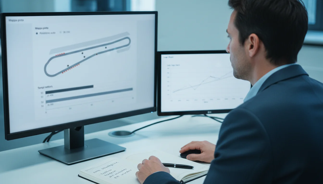 Analisi strategica scommesse F1: schermo con dati e grafici di gara