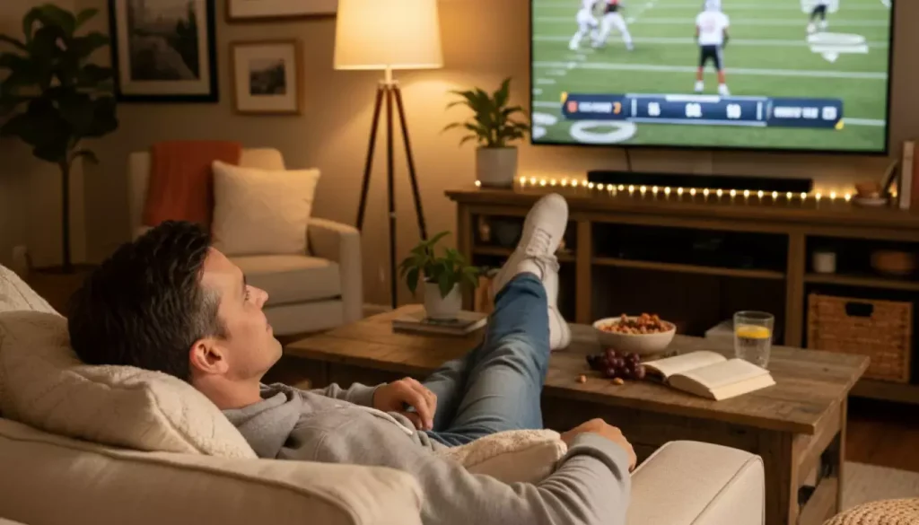 Persona che guarda partita NFL rilassata sul divano