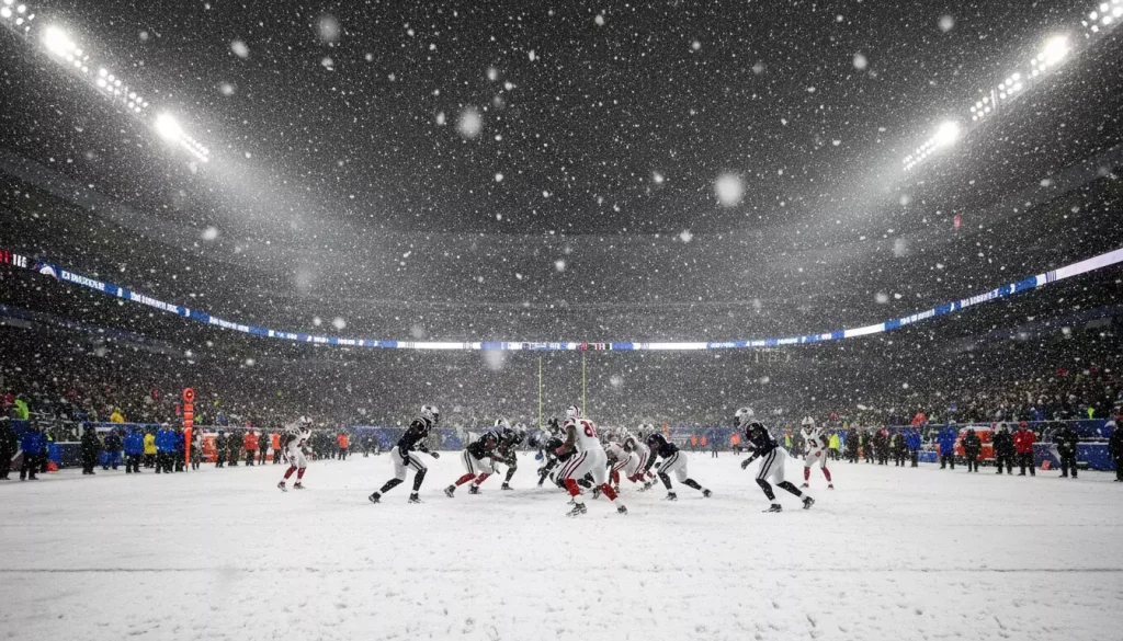 Partita NFL sotto la neve con campo innevato