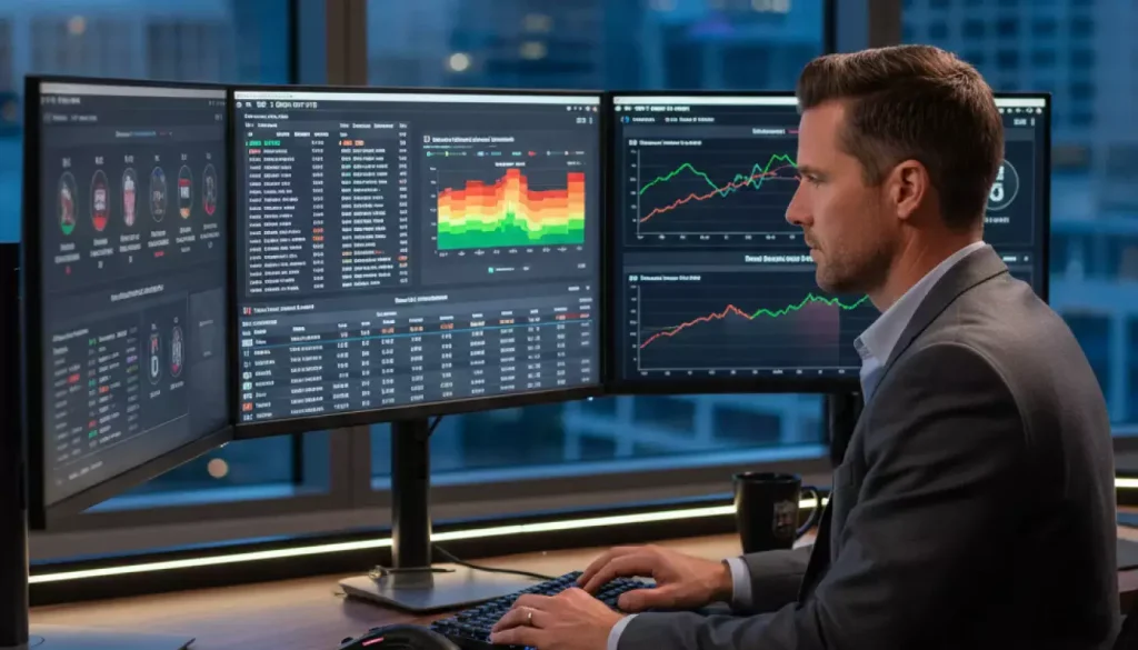 Analista con statistiche NFL su monitor multipli